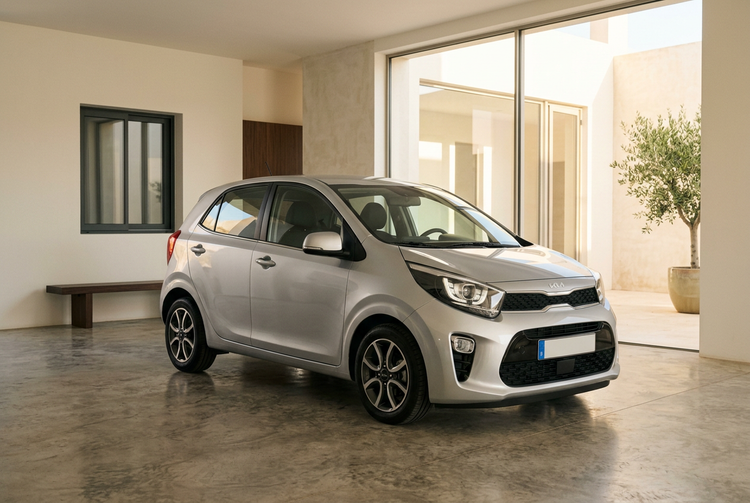 Visuel illustratif généré d’une Kia Picanto argentée, vue trois-quarts avant
