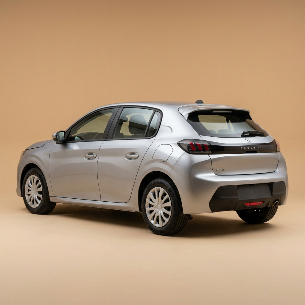 Peugeot 208 argentée, vue arrière trois quarts