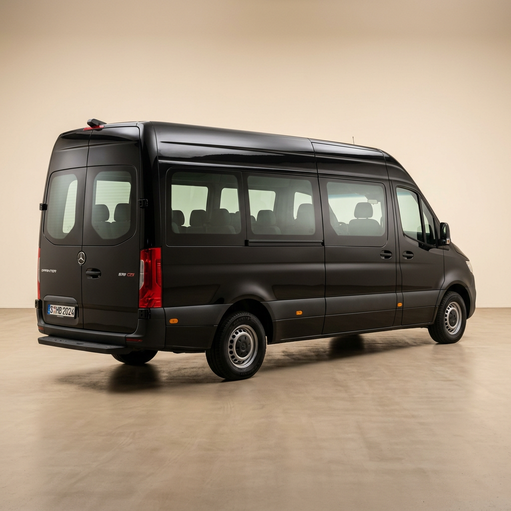 Mercedes Sprinter noir, vue arrière trois quarts