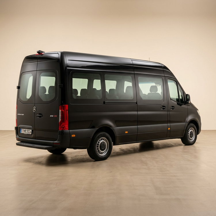 Mercedes Sprinter noir, vue arrière trois quarts