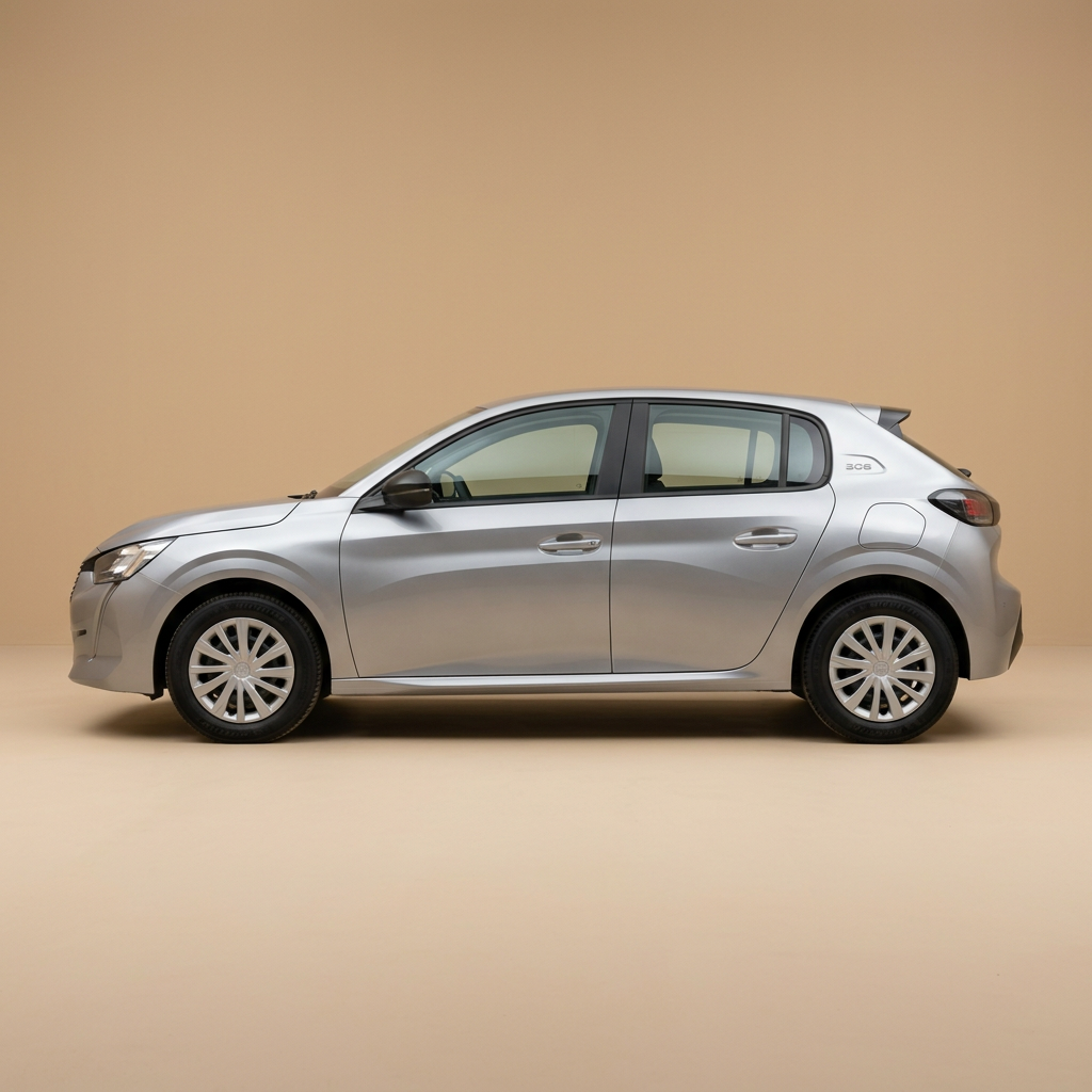 Peugeot 208 argentée, vue de profil