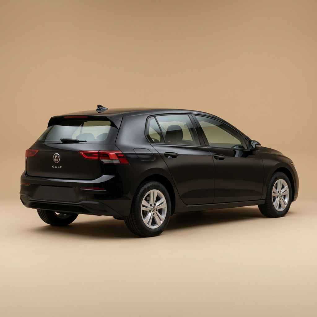 Volkswagen Golf 8 noire, vue arrière trois quarts